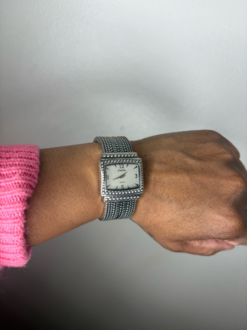 Chico's Silver Beaded Square Watch with Linked Bracelet